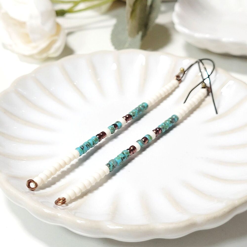Blue Glass Antique Bronze Hooks Hidden Meaning earrings Minimalist lightwt 680■